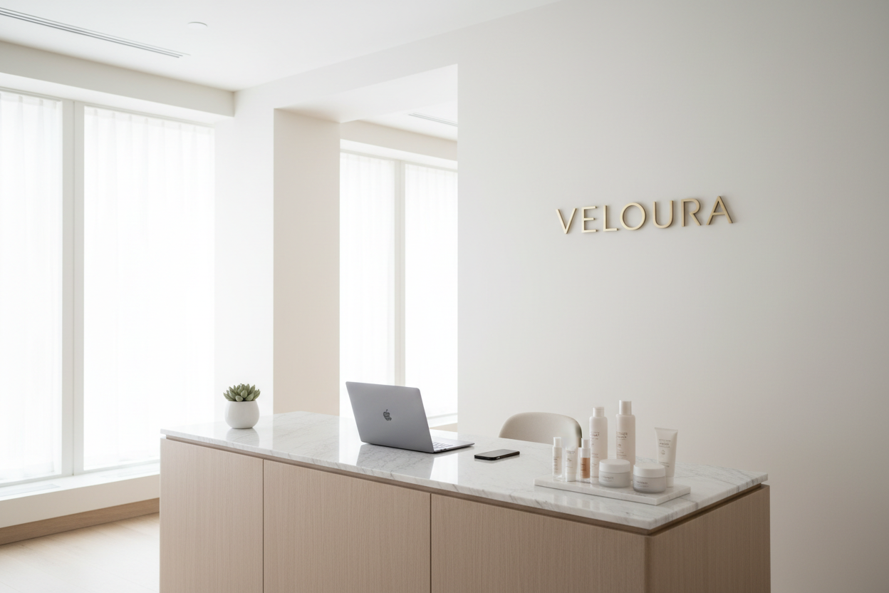 bright, modern reception desk of a beauty brand, soft natural light, minimalistic design, elegant and clean interior, friendly professional workspace, laptop, phone, and small beauty product display, neutral muted colors, premium lifestyle feel, photorealistic, high-resolution
on wall store name veloura