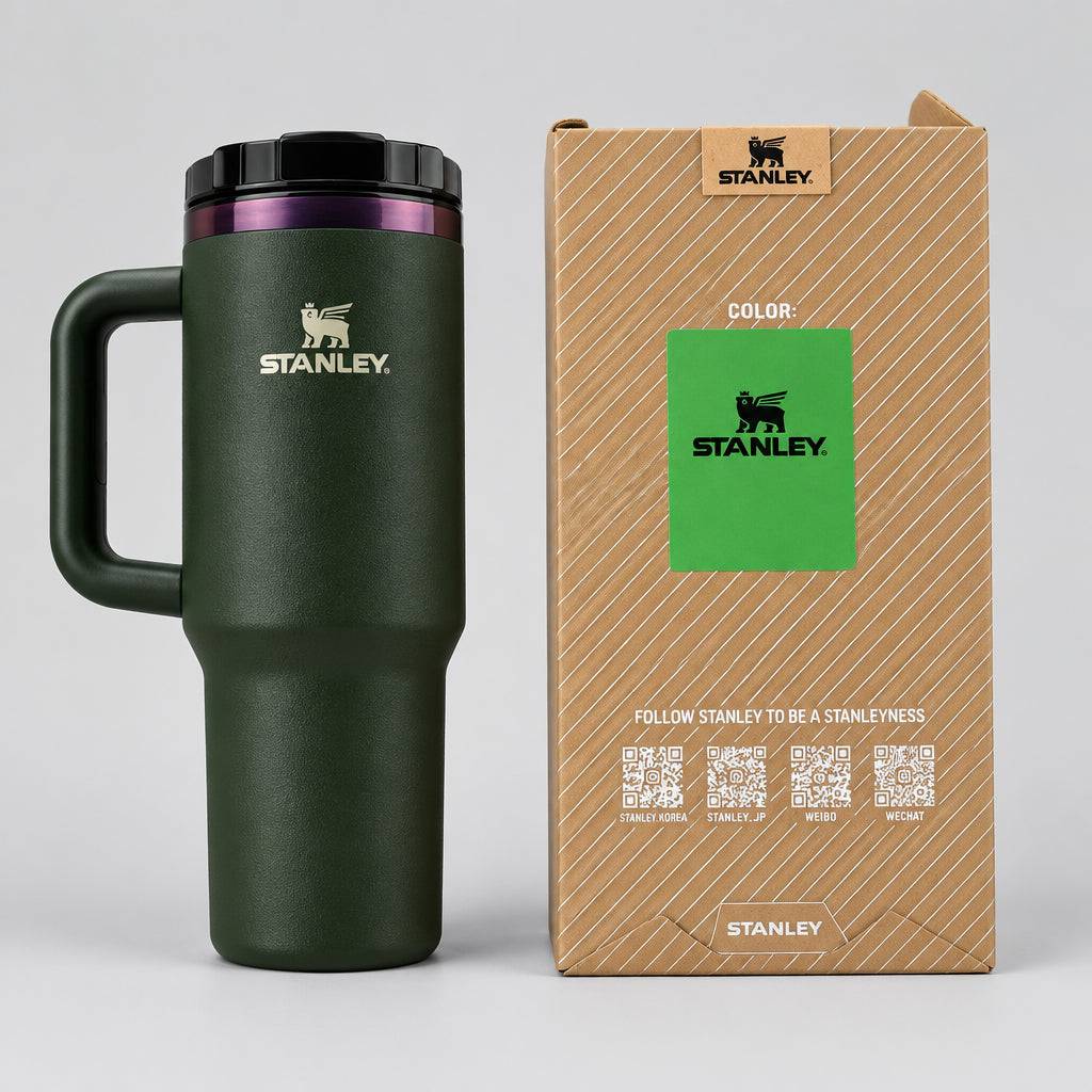 Stanley 40 oz Chroma Green Flowstate insulated tumbler with black lid and handle, textured green finish, designed for outdoor use