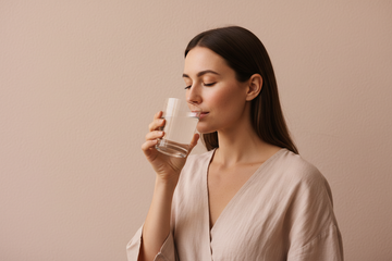 serene lifestyle beauty photography of a woman holding a glass of water and taking a calm breath, relaxed posture, natural skin and minimal makeup, simple neutral outfit, plain pastel nude background, soft warm ivory tones, woman practicing wellness ritual, clean modern health and self-care aesthetic, website category hero image